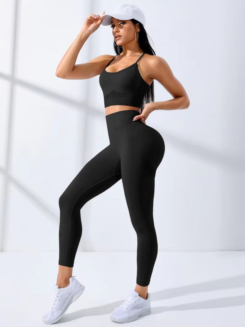 Women Yoga Set 2/Pcs Seamless Workout Outfits Yoga Sportswear Tracksuit Leggings and Thin Shoulder Strap Stretch Sports Bra Fitn