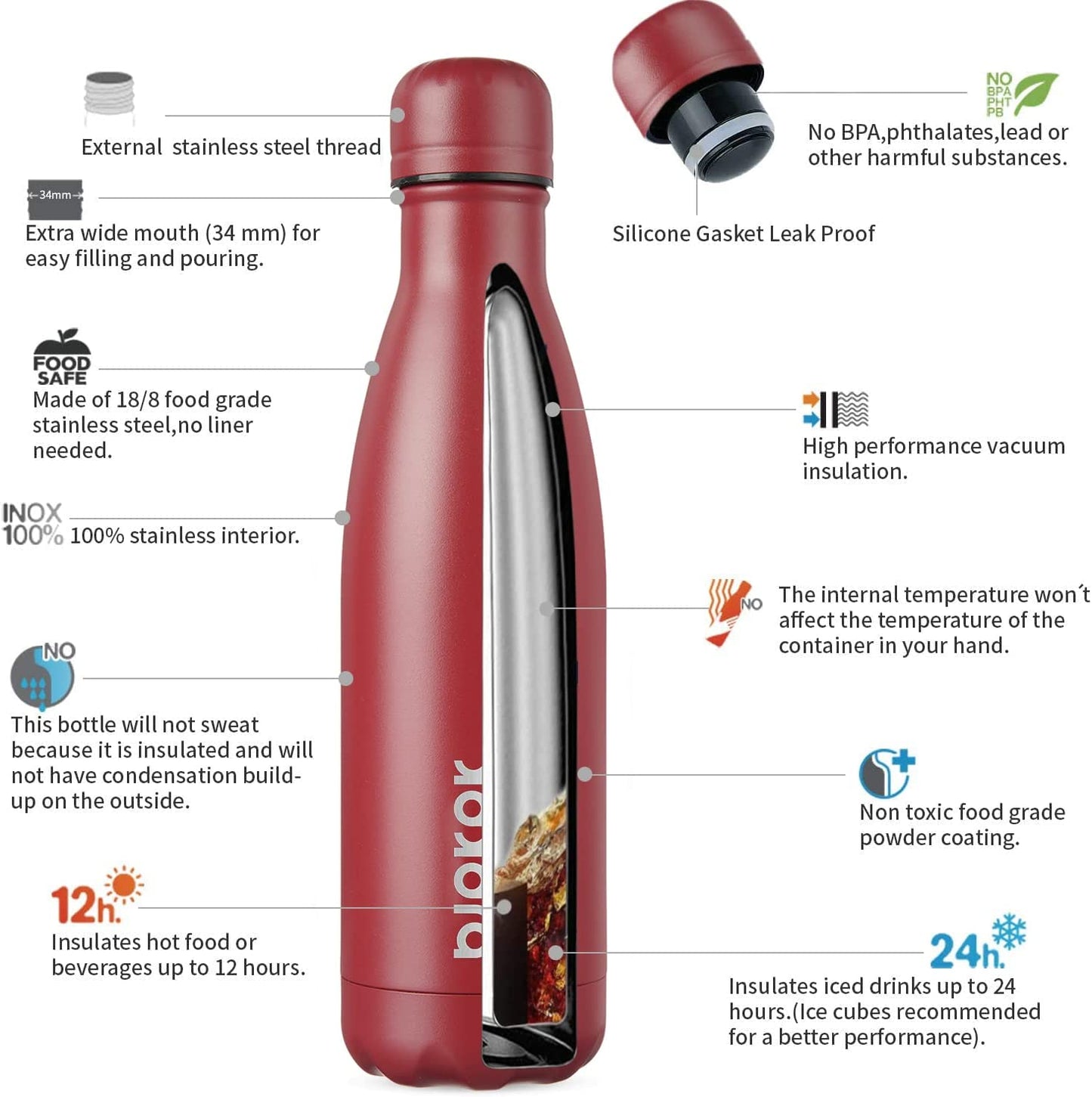 Insulated Water Bottles -17Oz/500Ml -Stainless Steel Water Bottles, Sports Water Bottles Keep Cold for 24 Hours and Hot for 12 Hours,Brick Red