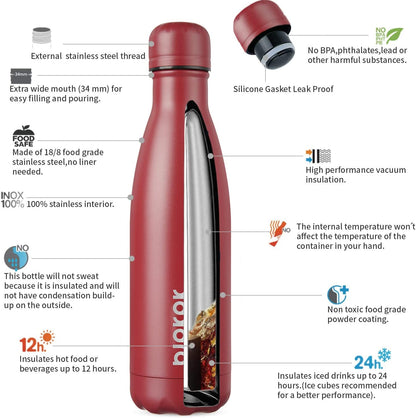 Insulated Water Bottles -17Oz/500Ml -Stainless Steel Water Bottles, Sports Water Bottles Keep Cold for 24 Hours and Hot for 12 Hours,Brick Red