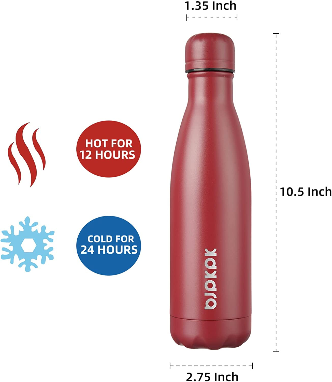 Insulated Water Bottles -17Oz/500Ml -Stainless Steel Water Bottles, Sports Water Bottles Keep Cold for 24 Hours and Hot for 12 Hours,Brick Red